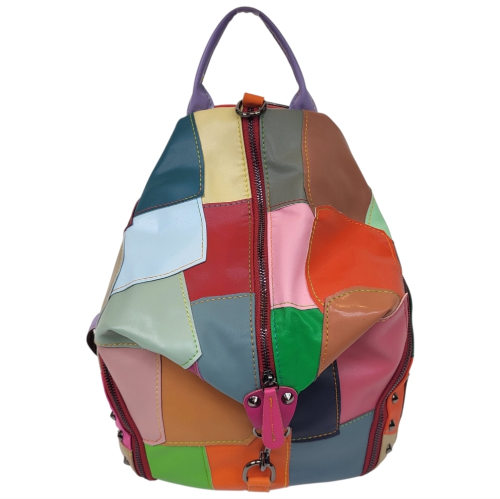 Colorful Leather Patchwork Backpack Purse - image 1